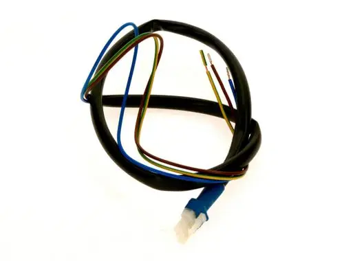 Kabel mit mehreren, bunten Drähten, endend in einem blauen Molex-Stecker. Hersteller ist Bosch.